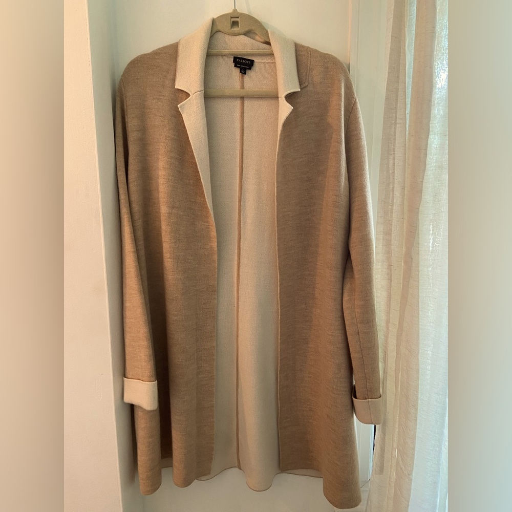 Talbots light brown and crème long sweater coat with pockets size L.  never worn